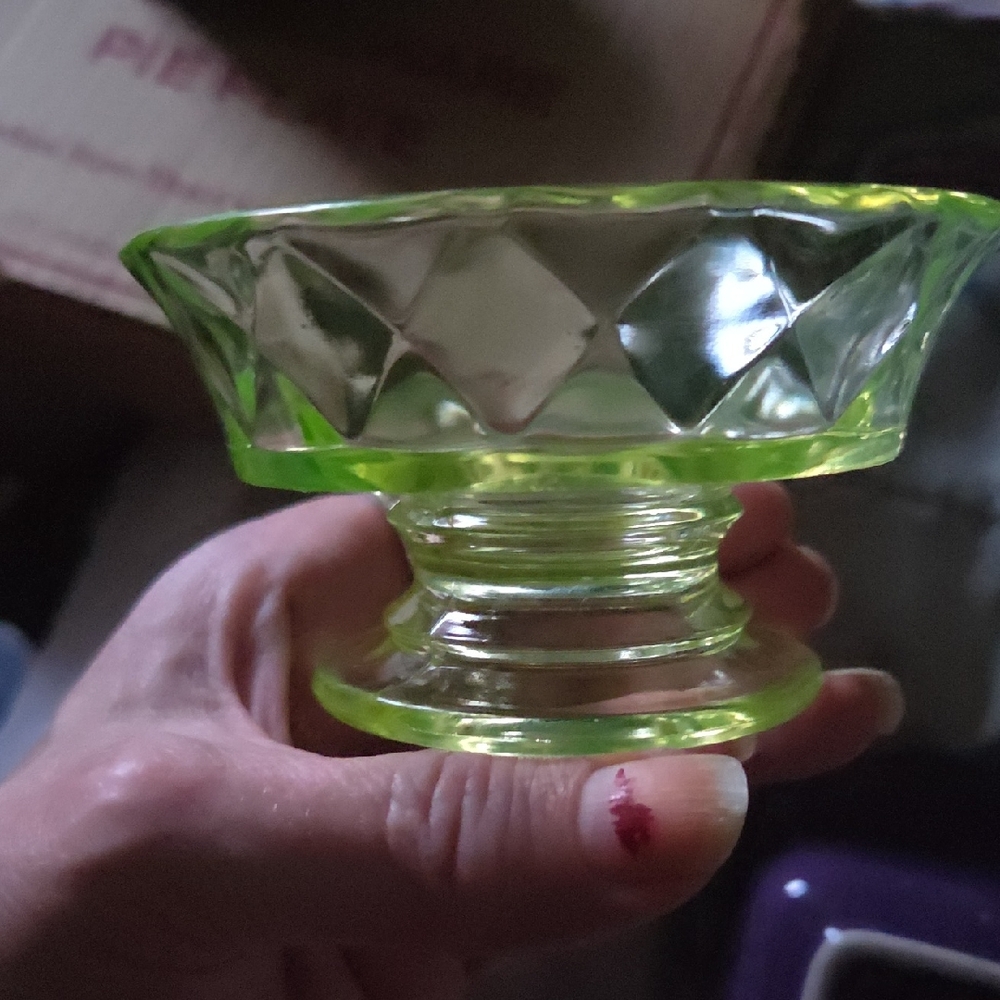 Vintage Light Green Uranium Glass Compote Dish Diamond Bryce Brothers